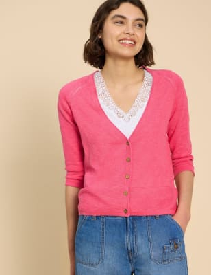 White Stuff Women's Pure Cotton V-Neck Button-Through Cardigan - 8 - Pink, Pink,Navy,Teal