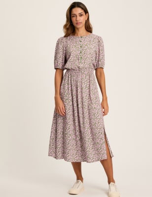 Joules Women's Pure Cotton Floral Midi Waisted Dress - 14 - Blue Mix, Blue Mix,Green Mix