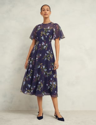 Hobbs Women's Floral Midi Waisted Dress - 8 - Navy Mix, Navy Mix