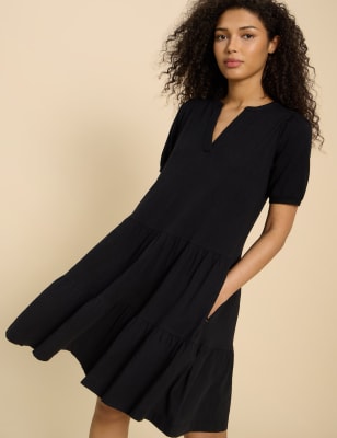 White Stuff Women's Pure Cotton Notch Neck Midi Tiered Dress - 12 - Black, Black