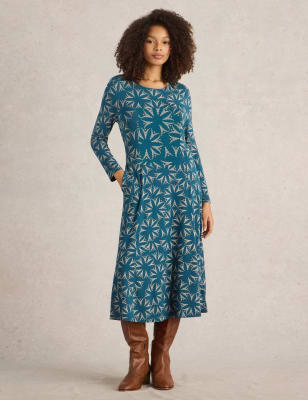 White Stuff Women's Jersey Printed Round Neck Midi Tea Dress - 6REG - Teal Mix, Teal Mix