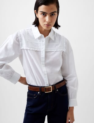 French Connection Women's Pure Cotton Embroidered Collared Shirt - XS - White, White