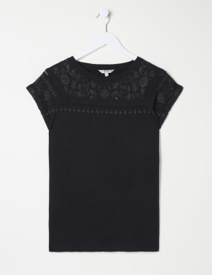 Fatface Women's Cotton Rich Embroidered T-Shirt - 14 - Black Mix, Black Mix