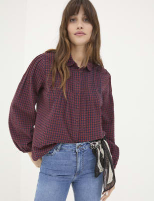 Fatface Women's Pure Cotton Checked Button Through Blouse - 6 - Red Mix, Red Mix