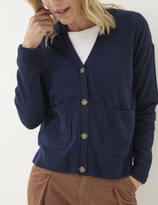 Fatface Women's Cotton Rich V-Neck Cardigan with Cashmere - 18 - Navy, Navy