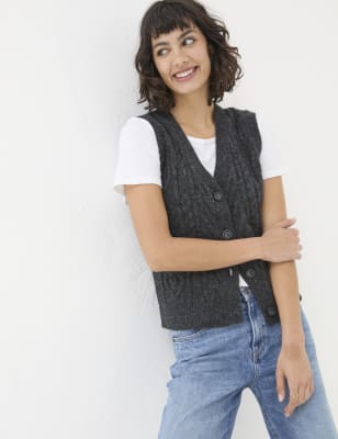 Fatface Women's Cable Knit V-Neck Knitted Vest with Wool - 20 - Ivory, Ivory