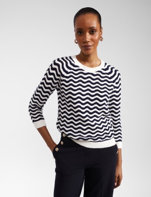 Hobbs Women's Pure Cotton Textured Striped Jumper - Navy Mix, Navy Mix