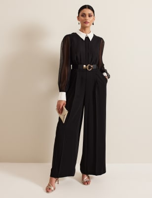 Phase Eight Women's Belted Long Sleeve Waisted Jumpsuit - 16 - Black Mix, Black Mix