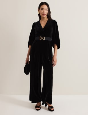 Phase Eight Women's Velvet Belted 3/4 Sleeve Wide Leg Jumpsuit - 14 - Black, Black