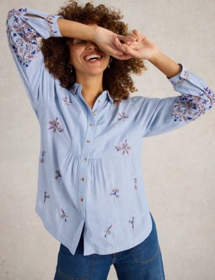 White Stuff Women's Embroidered Collared Relaxed Shirt - 12REG - Blue Mix, Blue Mix