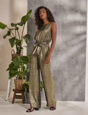 Fatface Women's Metallic Tie Detail Wide Leg Jumpsuit - 6REG - Gold, Gold