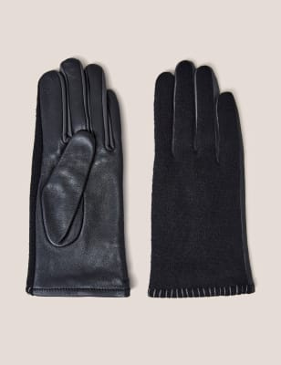 White Stuff Women's Leather Knitted Stitch Detail Gloves - S-M - Black, Navy,Black