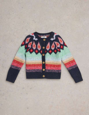 White Stuff Girls Glitter Fair Isle Cardigan (3-10 Yrs) - 3-4 Y - Navy Mix, Navy Mix