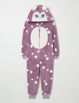 Fatface Girls Fleece Owl Onesie (3-13 Yrs) - 8-9 Y - Purple Mix, Purple Mix