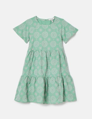 Joules Girls Pure Cotton Embroidered Tiered Dress (2-12 Yrs) - 5y - Green Mix, Green Mix