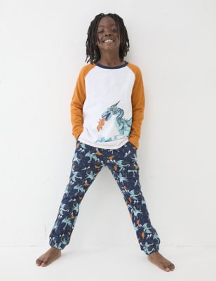 Fatface Boys Pure Cotton Ice Dragon Pyjama Set (3-13 Yrs) - 5-6 Y - Blue Mix, Blue Mix