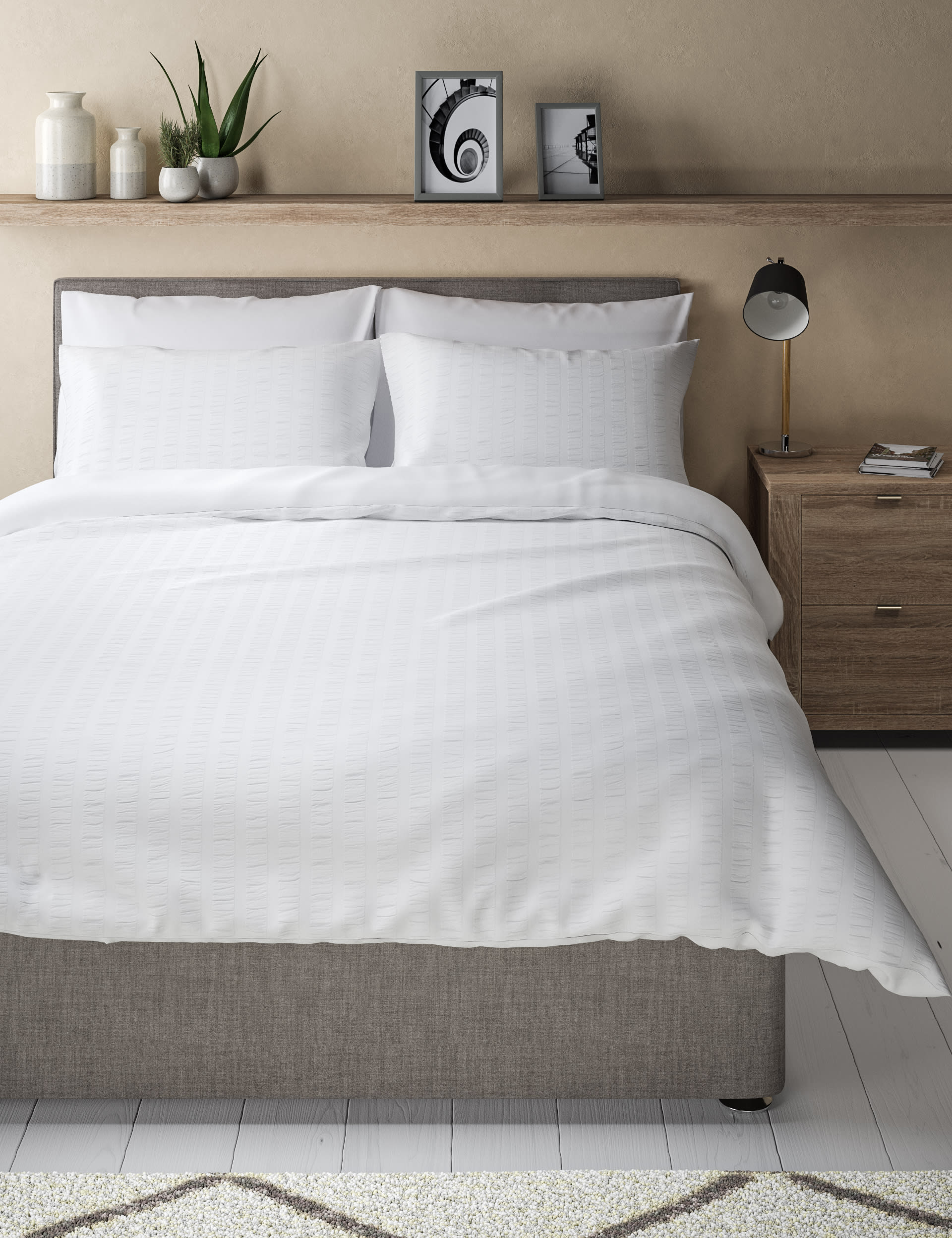 M&S Collection Pure Cotton Striped Seersucker Bedding Set - DBL - White, White