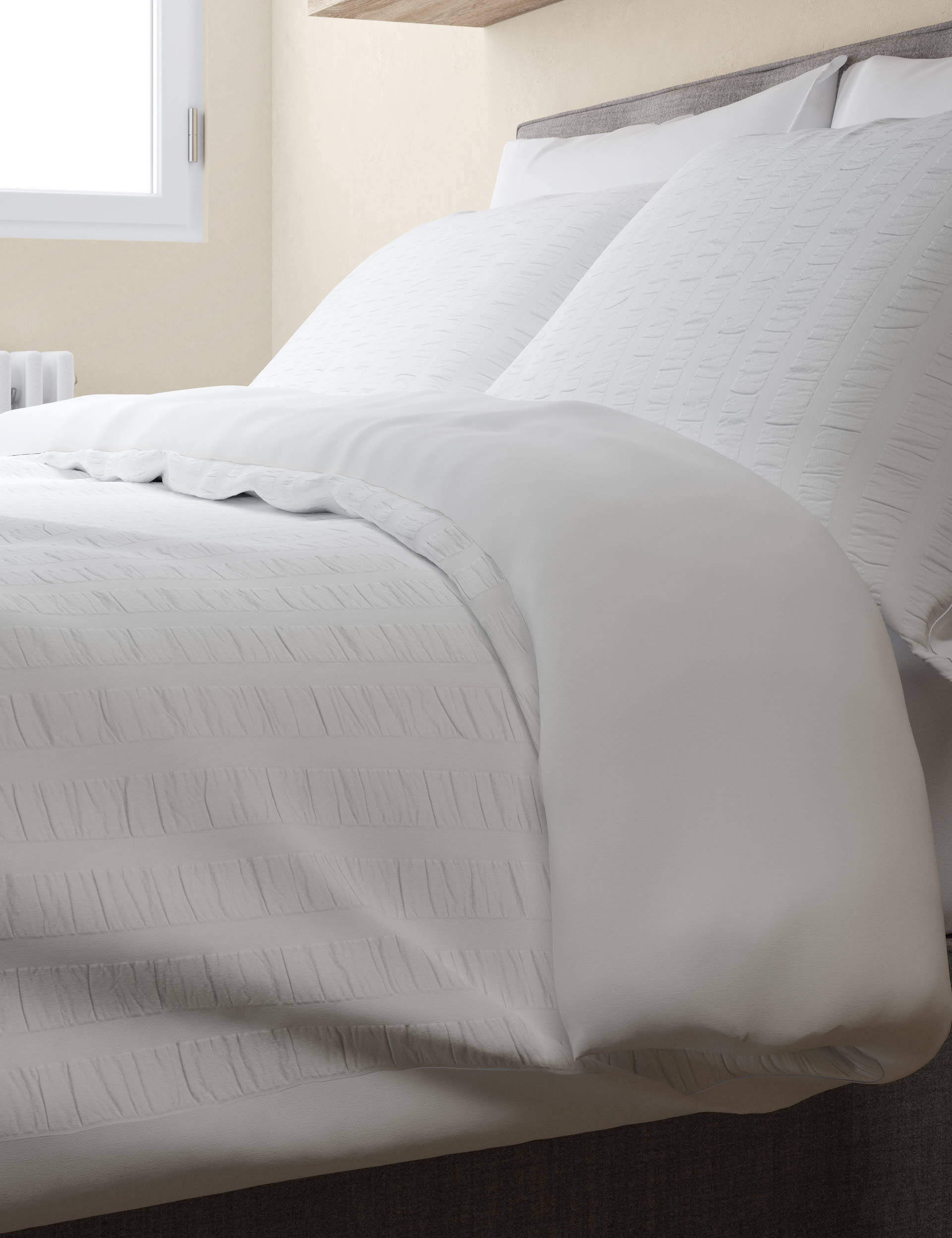 M&S Collection Pure Cotton Striped Seersucker Bedding Set - 5FT - White, White