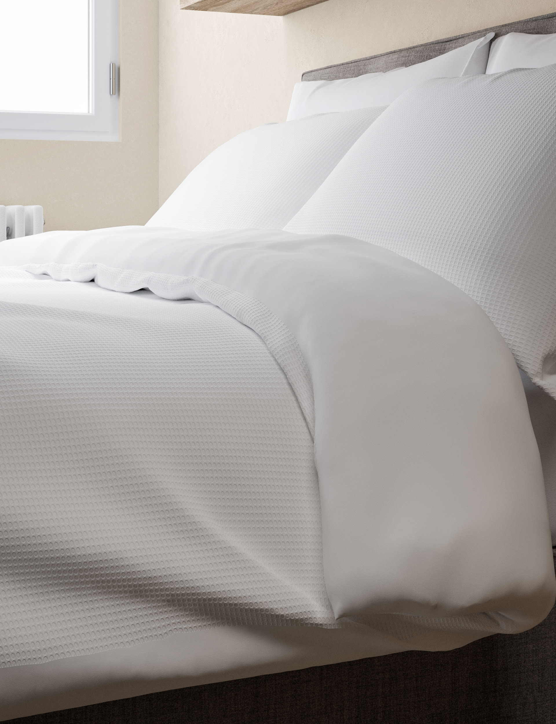 M&S Collection Pure Cotton Waffle Bedding Set - DBL - White, White