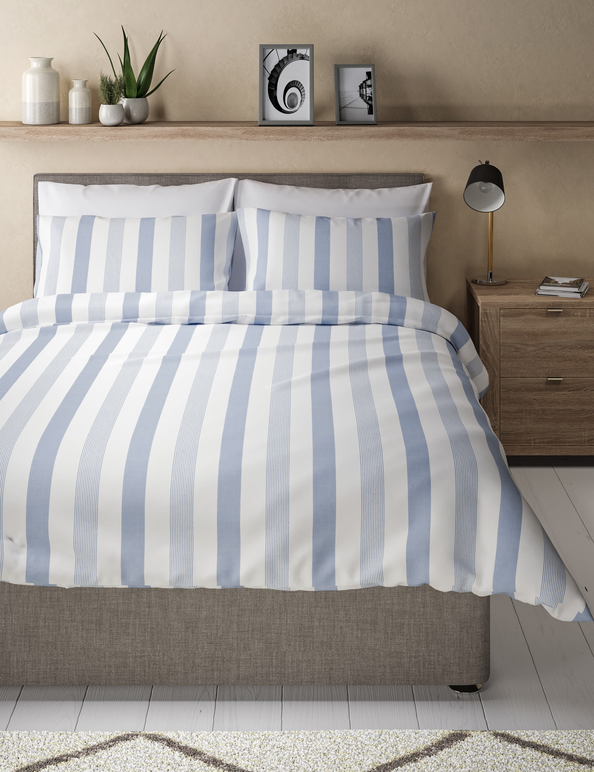 M&S Collection Hadley Pure Cotton Striped Bedding Set - DBL - Blue Mix, Light Grey,Blue Mix,Duck Egg