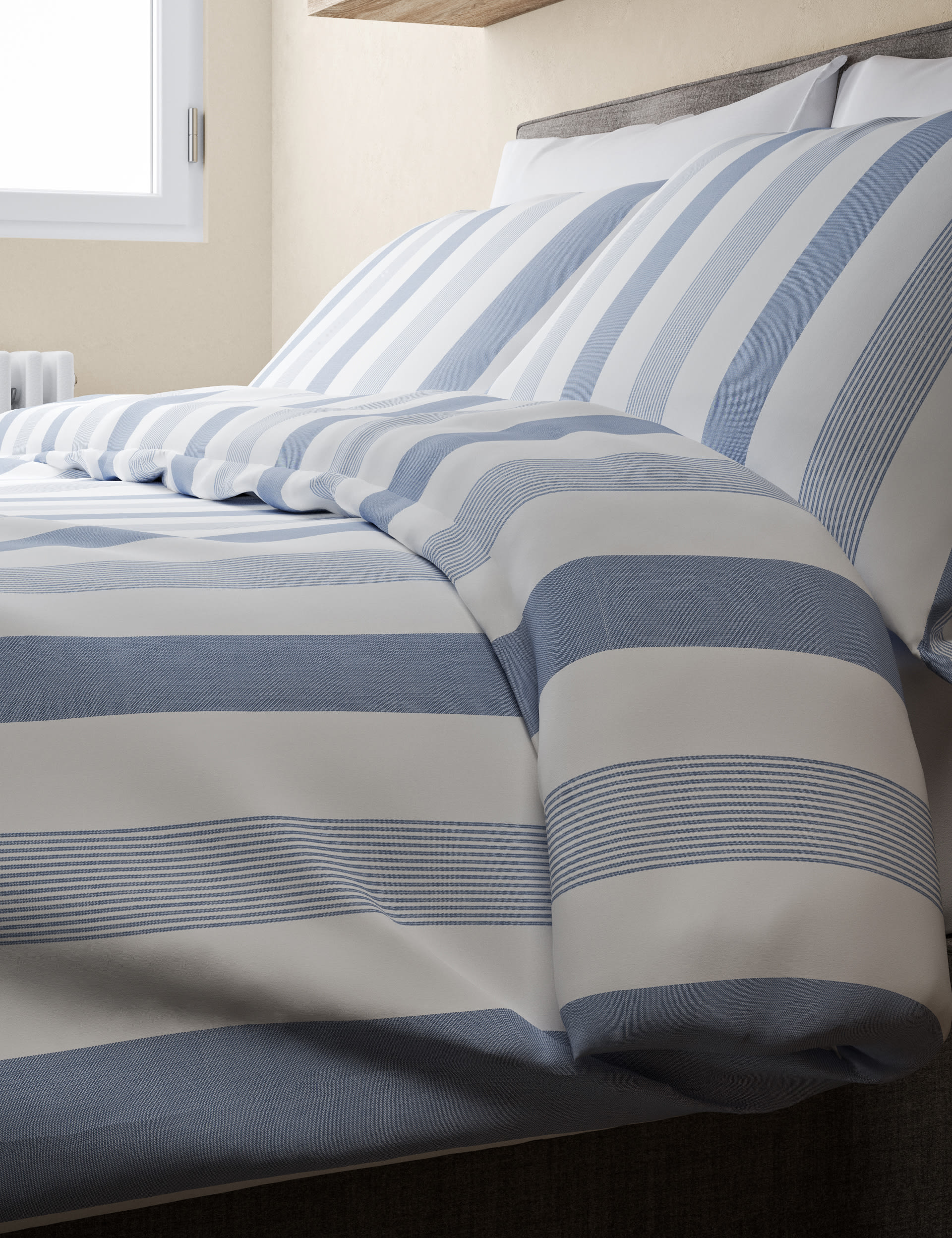 M&S Collection Hadley Pure Cotton Striped Bedding Set - 5FT - Blue Mix, Light Grey,Duck Egg,Blue Mix