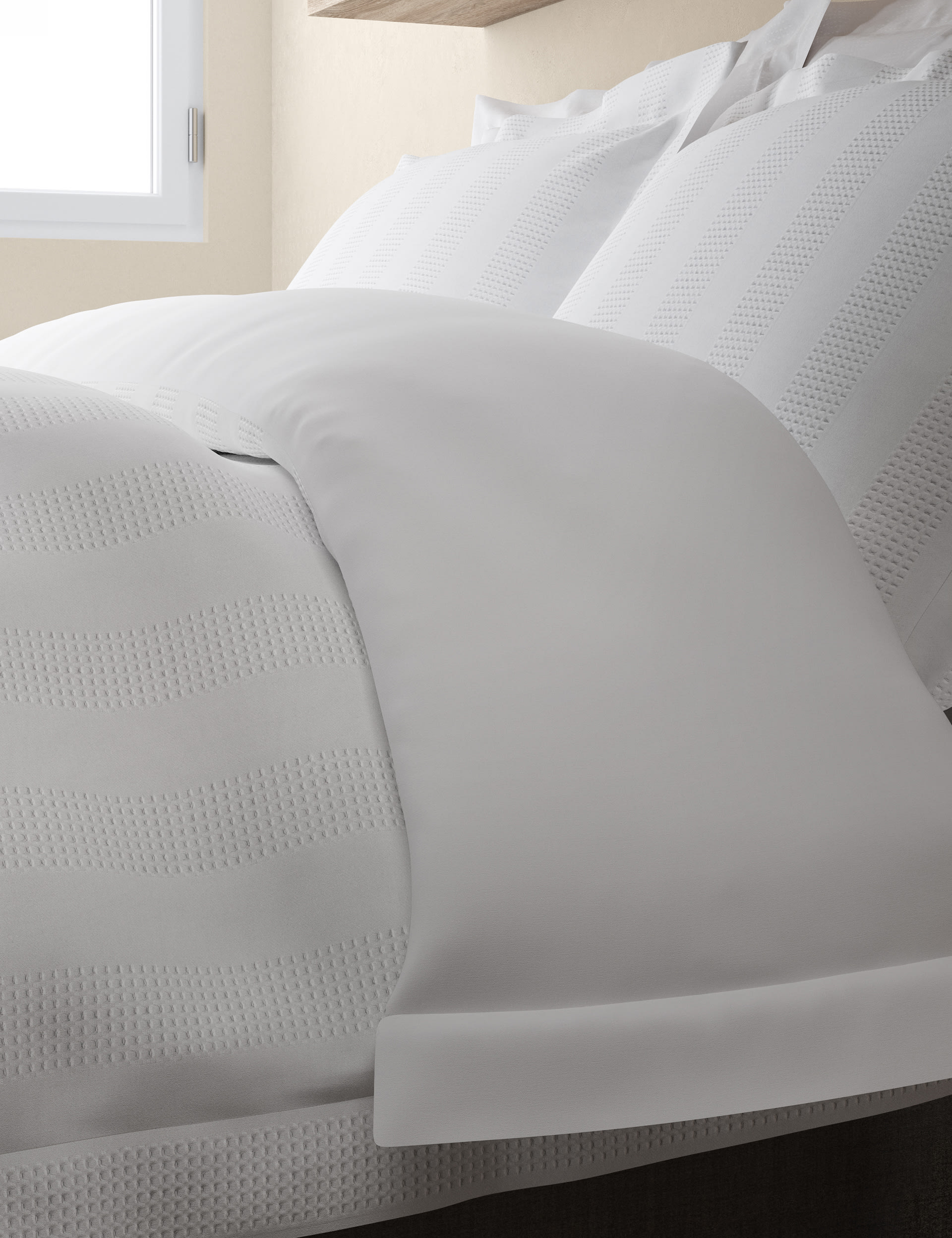 M&S Collection Pure Cotton Striped Waffle Bedding Set - 6FT - White, White