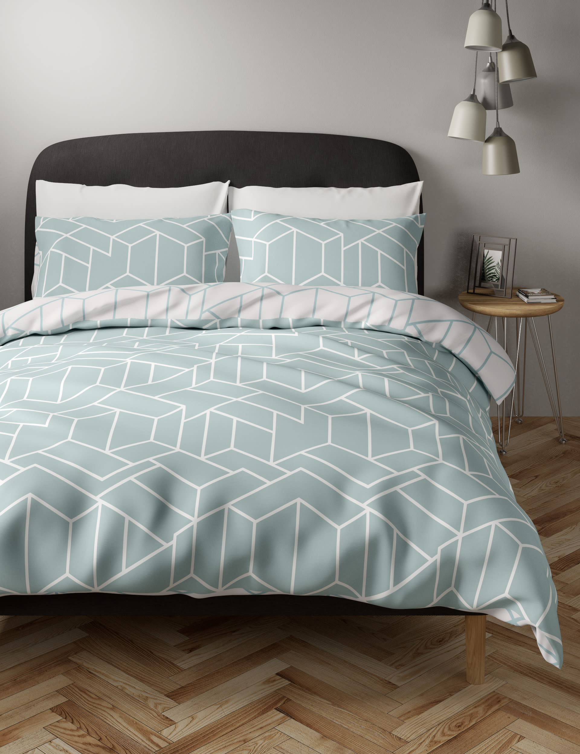 M&S Collection Cotton Blend Geometric Bedding Set - SGL - Duck Egg, Grey,Duck Egg