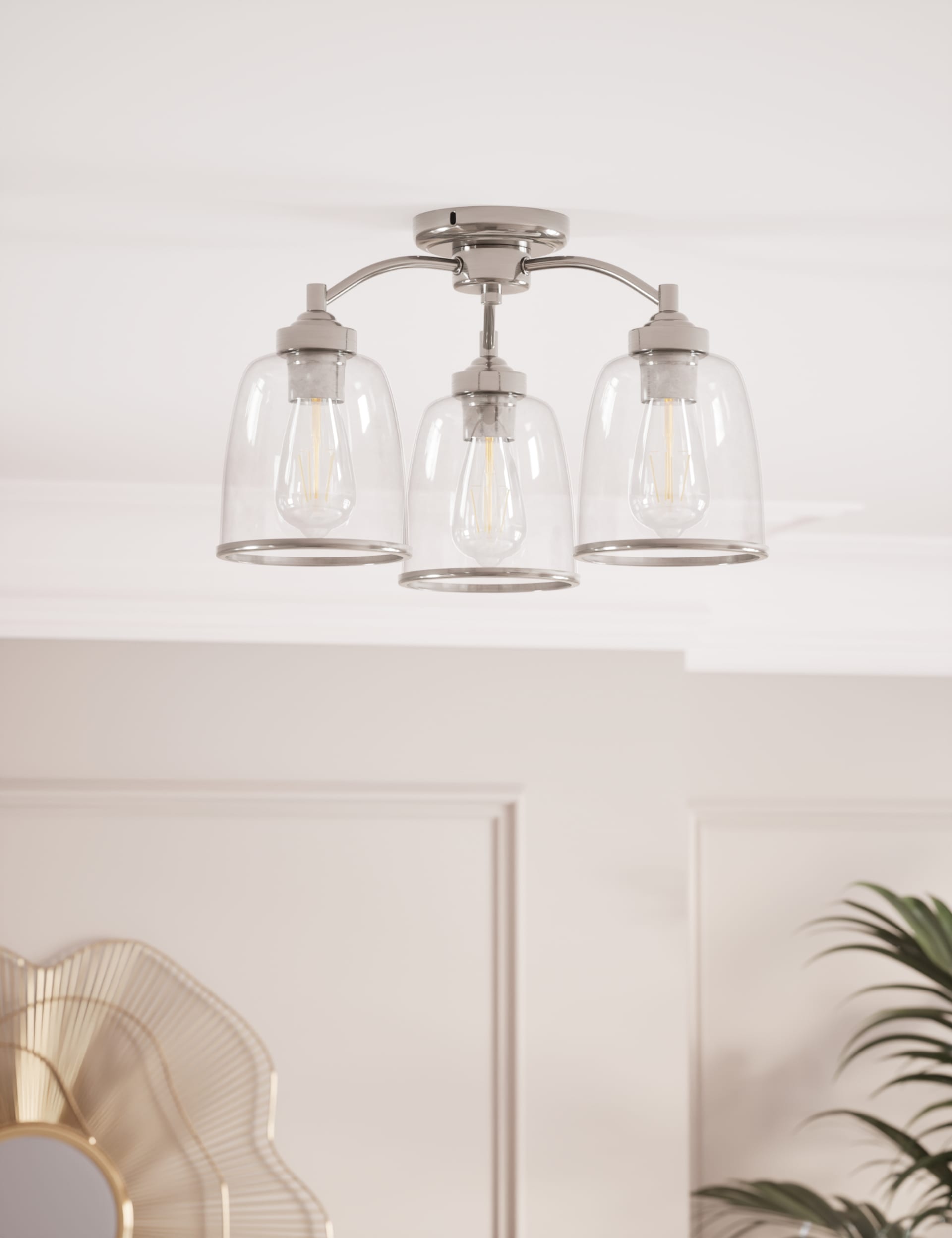 M&S Collection Core Glass & Metal Multi Flush Ceiling Light - Antique Brass, Silver,Antique Brass