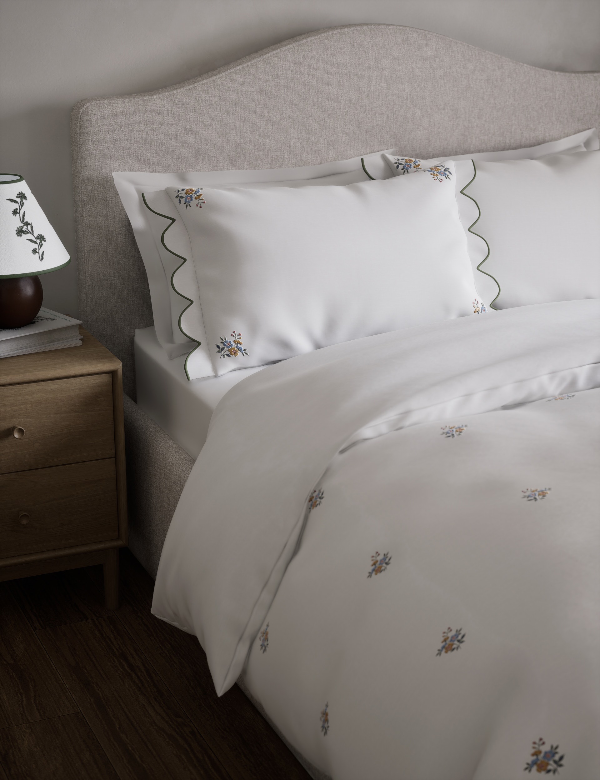 M&S Collection Pure Cotton Floral Embroidered Bedding Set - 6FT - White Mix, White Mix