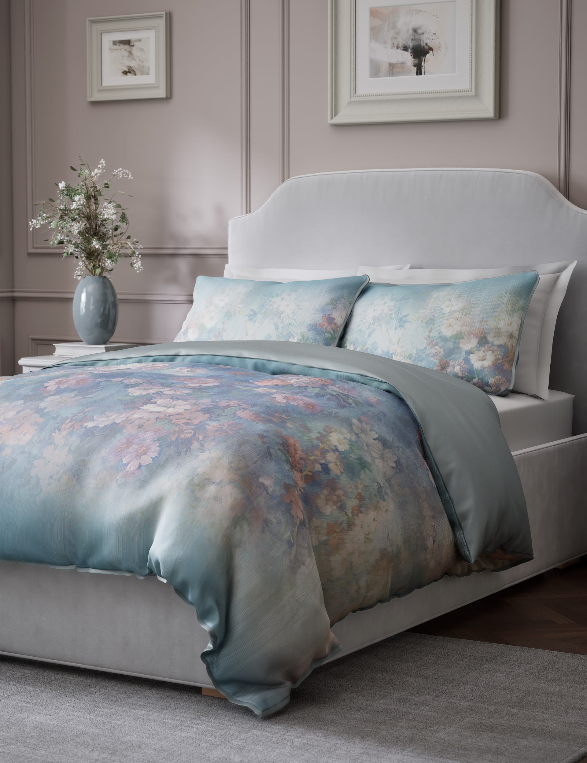 M&S Collection Pure Cotton Sateen Camelia Bloom Bedding Set - DBL - Blue Mix, Blue Mix