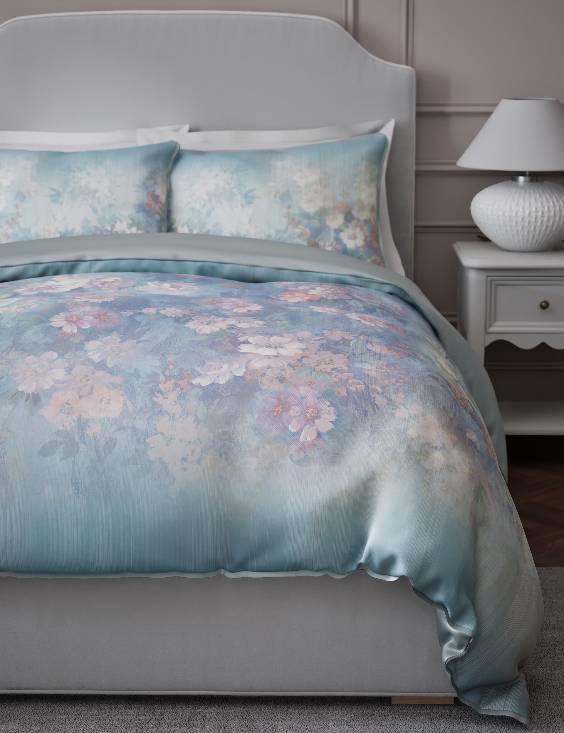 M&S Collection Pure Cotton Sateen Camelia Bloom Bedding Set - DBL - Blue Mix, Blue Mix