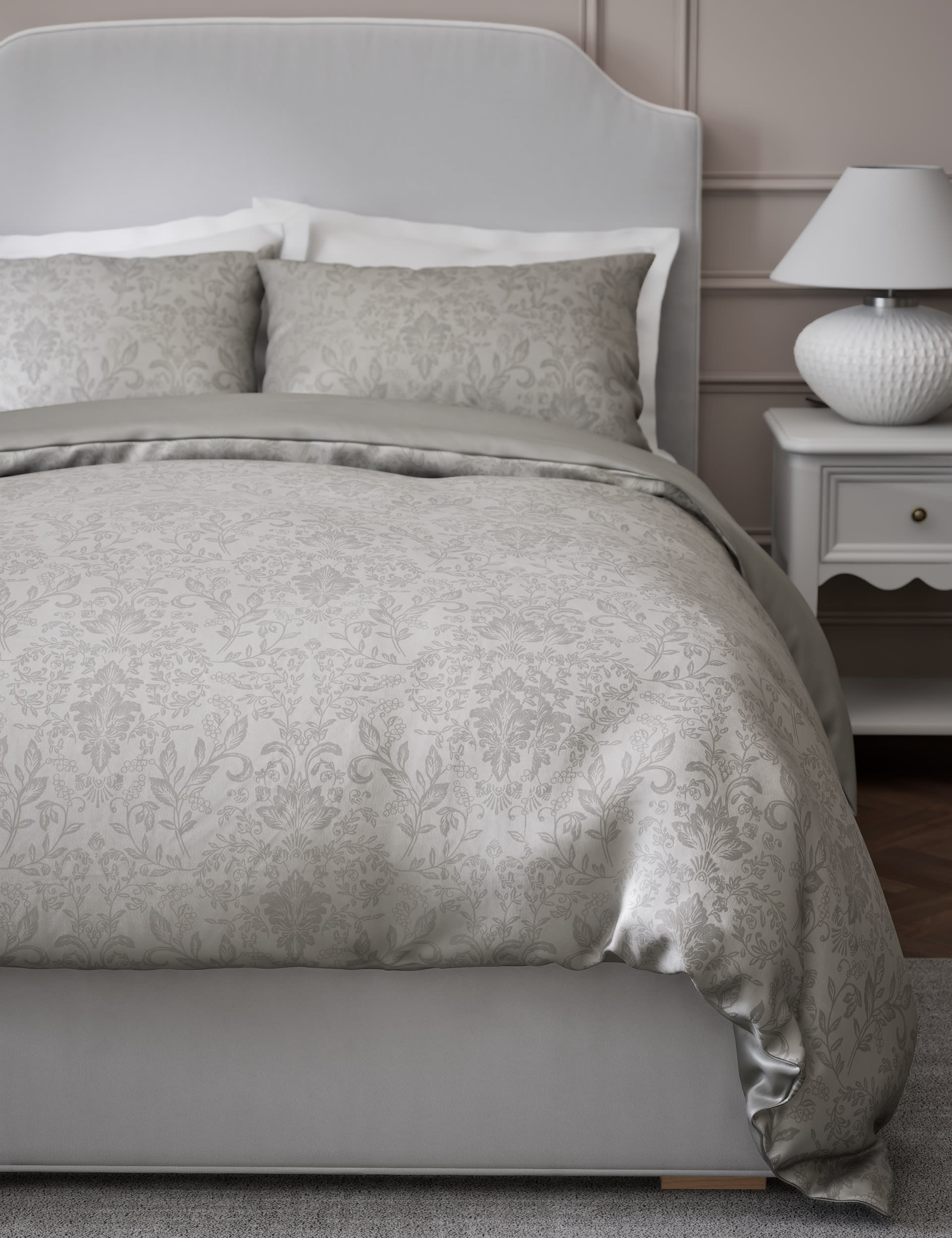 M&S Collection Pure Cotton Aurelie Damask Jacquard Bedding Set - 6FT - Grey Mix, Grey Mix