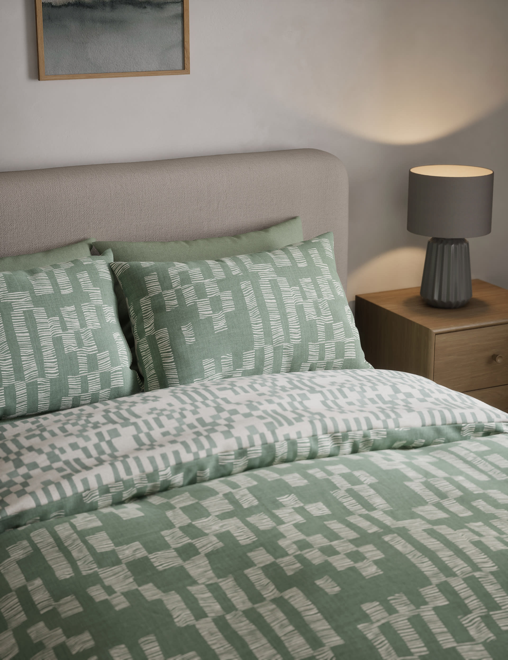 M&S Collection Pure Cotton Geometric Brushed Bedding Set - DBL - Green, Green