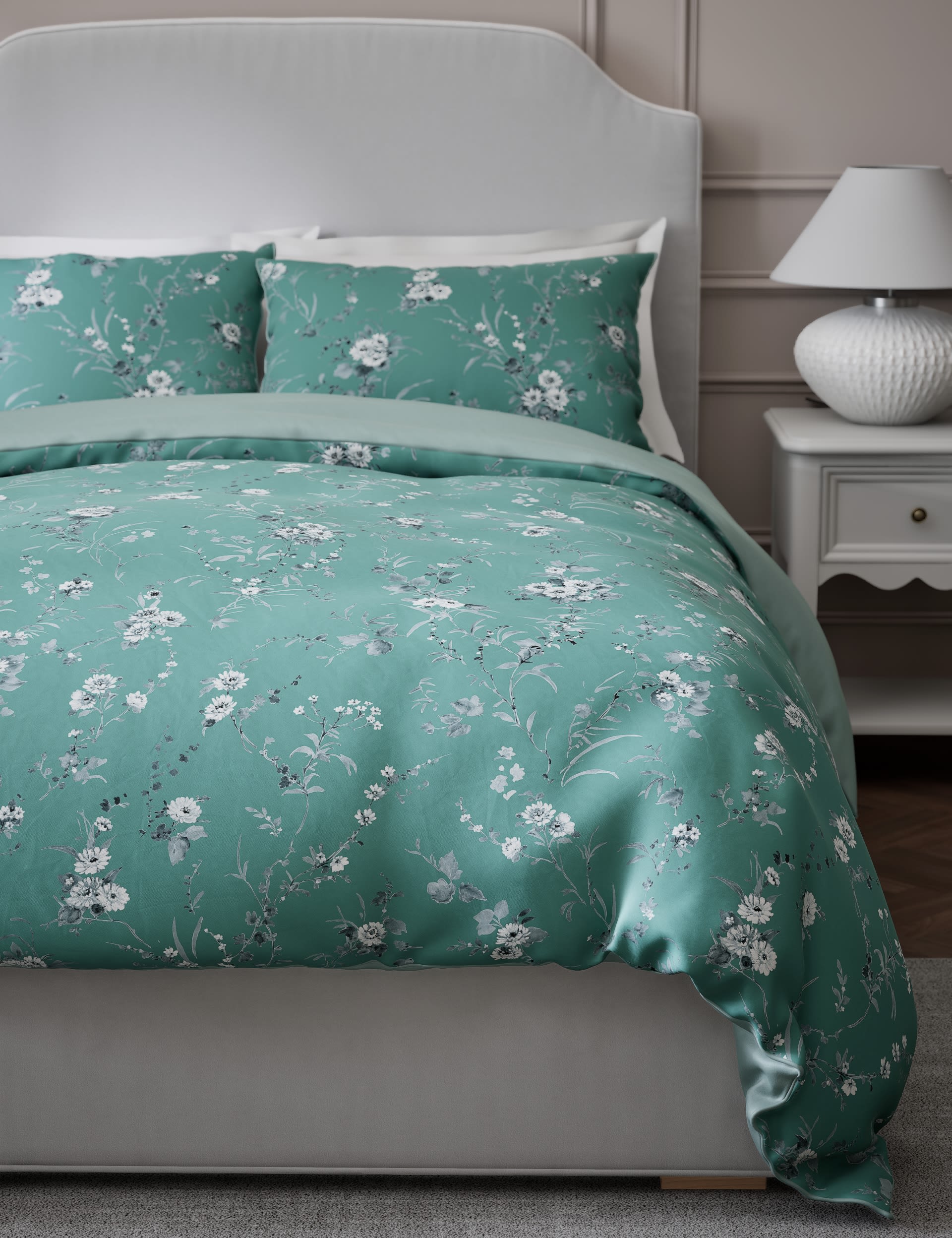 M&S Collection Pure Cotton Sateen Fleur Foliage Bedding Set - SGL - Teal Mix, Teal Mix