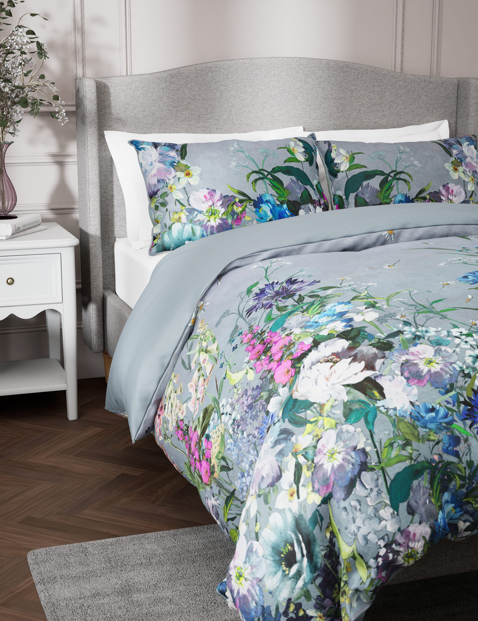 M&S Collection Sateen Wild Meadow Grey Bedding Set - SGL - Grey Mix, Grey Mix