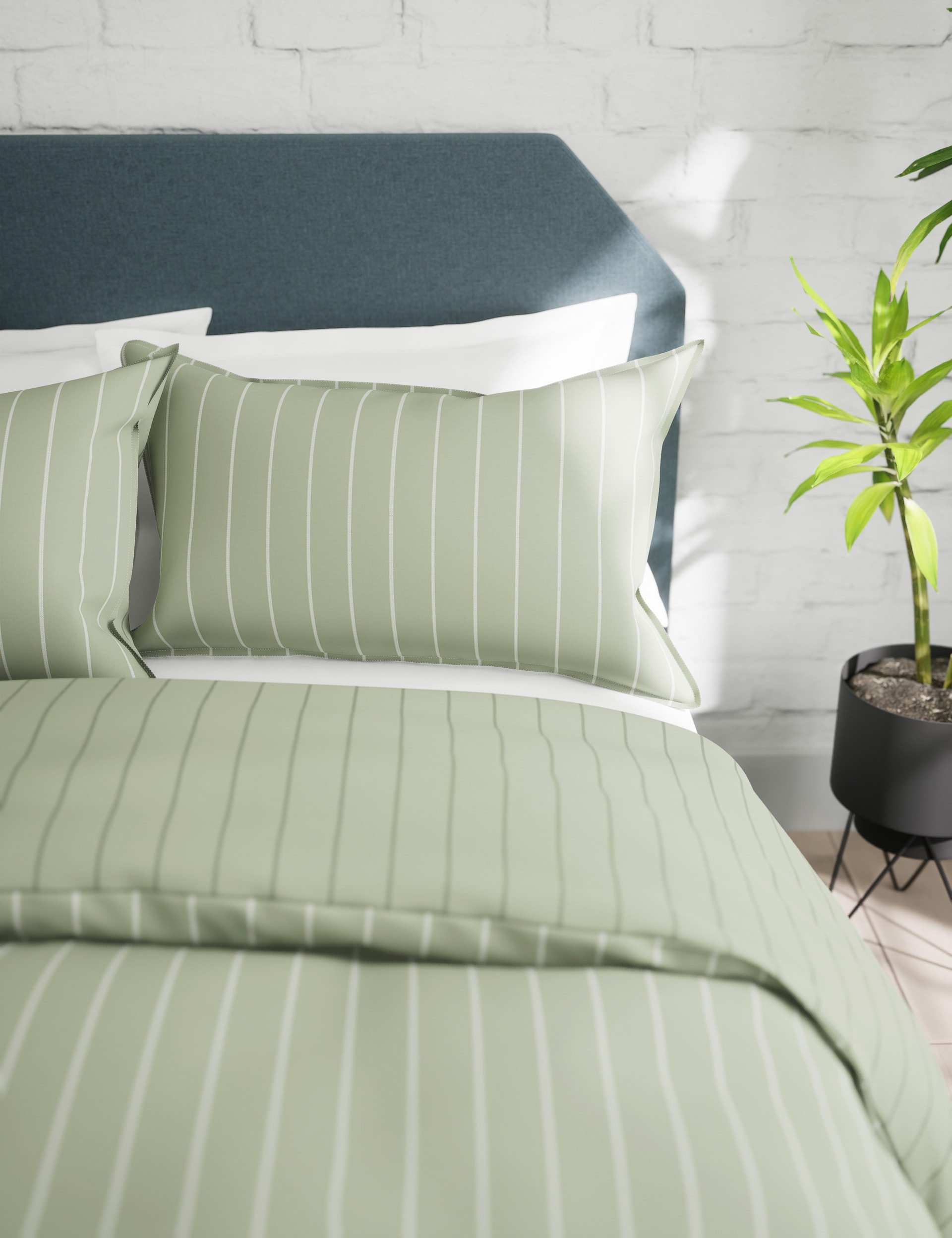 M&S Collection Cotton Rich Narrow Striped Bedding Set - DBL - Soft Green, Soft Green