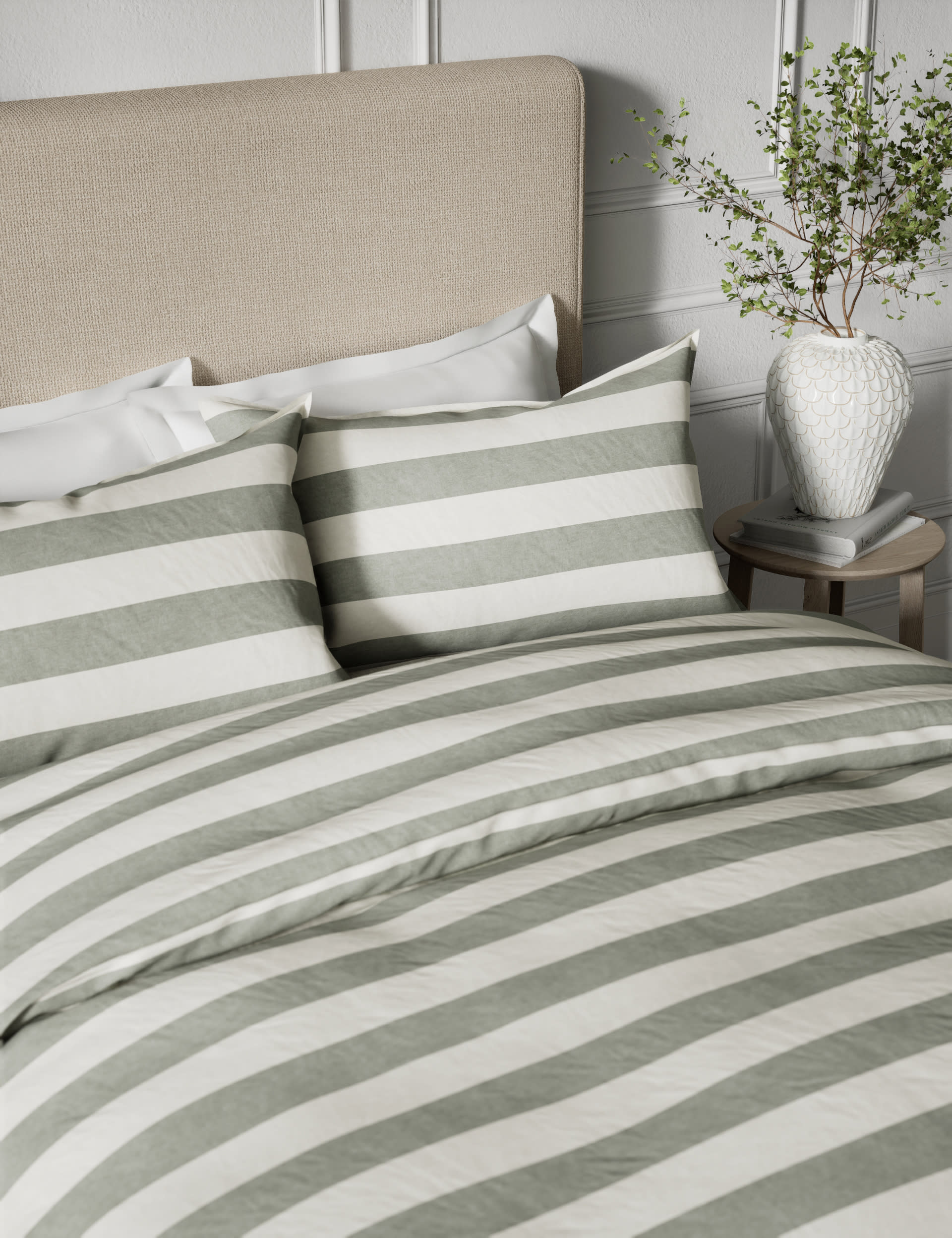 M&S Collection Linen Blend Striped Bedding Set - DBL - Silver Grey, Silver Grey,Pink Mix,Natural Mix