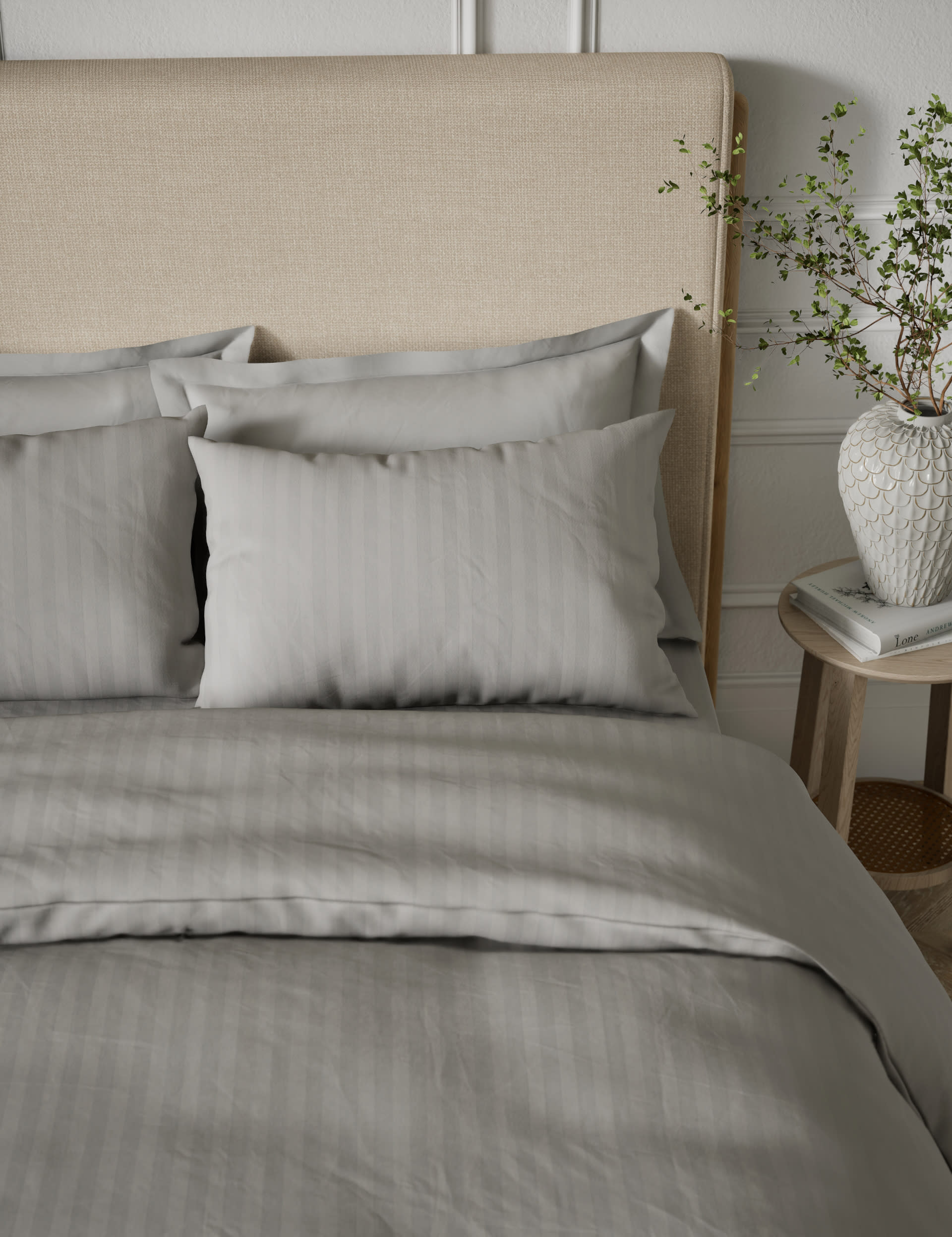 M&S Collection Pure Cotton Sateen Stripe Bedding Set - SGL - Silver Grey, Silver Grey