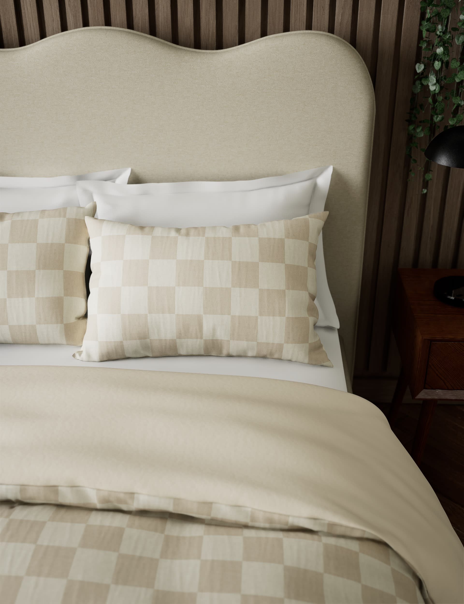 M&S Collection Pure Cotton Checked Bedding Set - DBL - Neutral, Neutral