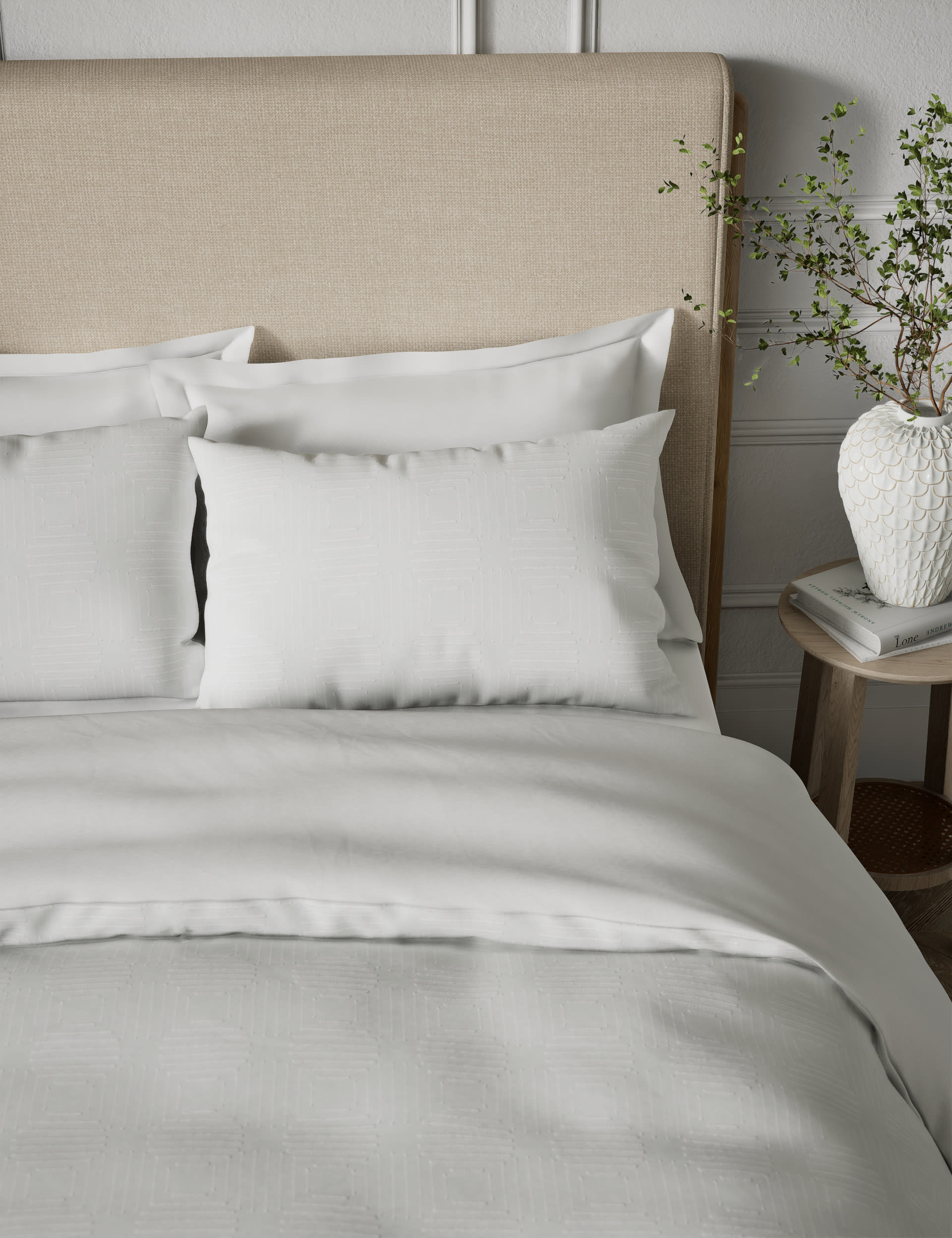 M&S Collection Pure Cotton Geometric Jacquard Bedding Set - 5FT - White, White