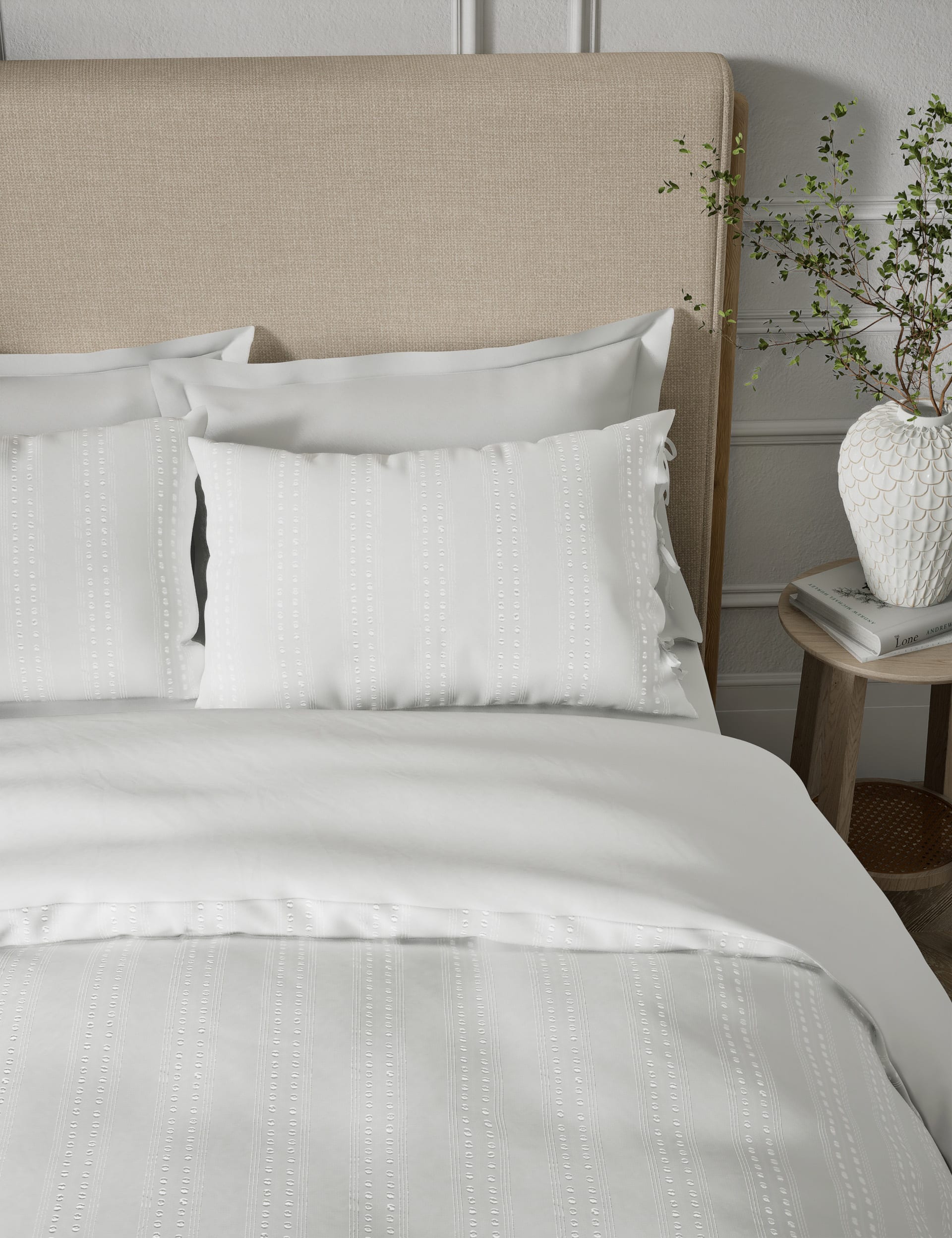 M&S Collection Pure Cotton Striped Bedding Set - DBL - White, White