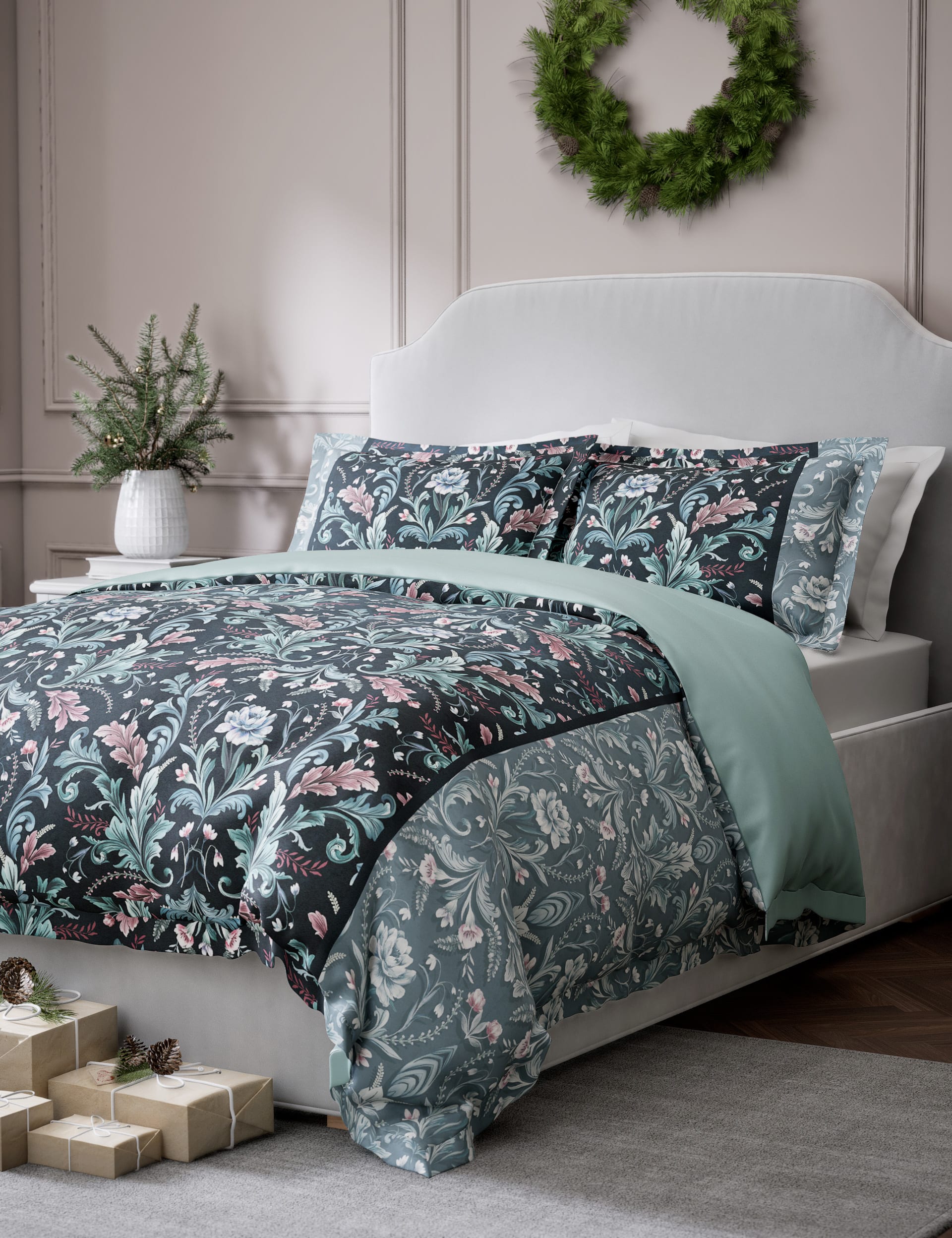 M&S Collection Pure Cotton Winter Floral Bedding Set - 5FT - Navy Mix, Navy Mix