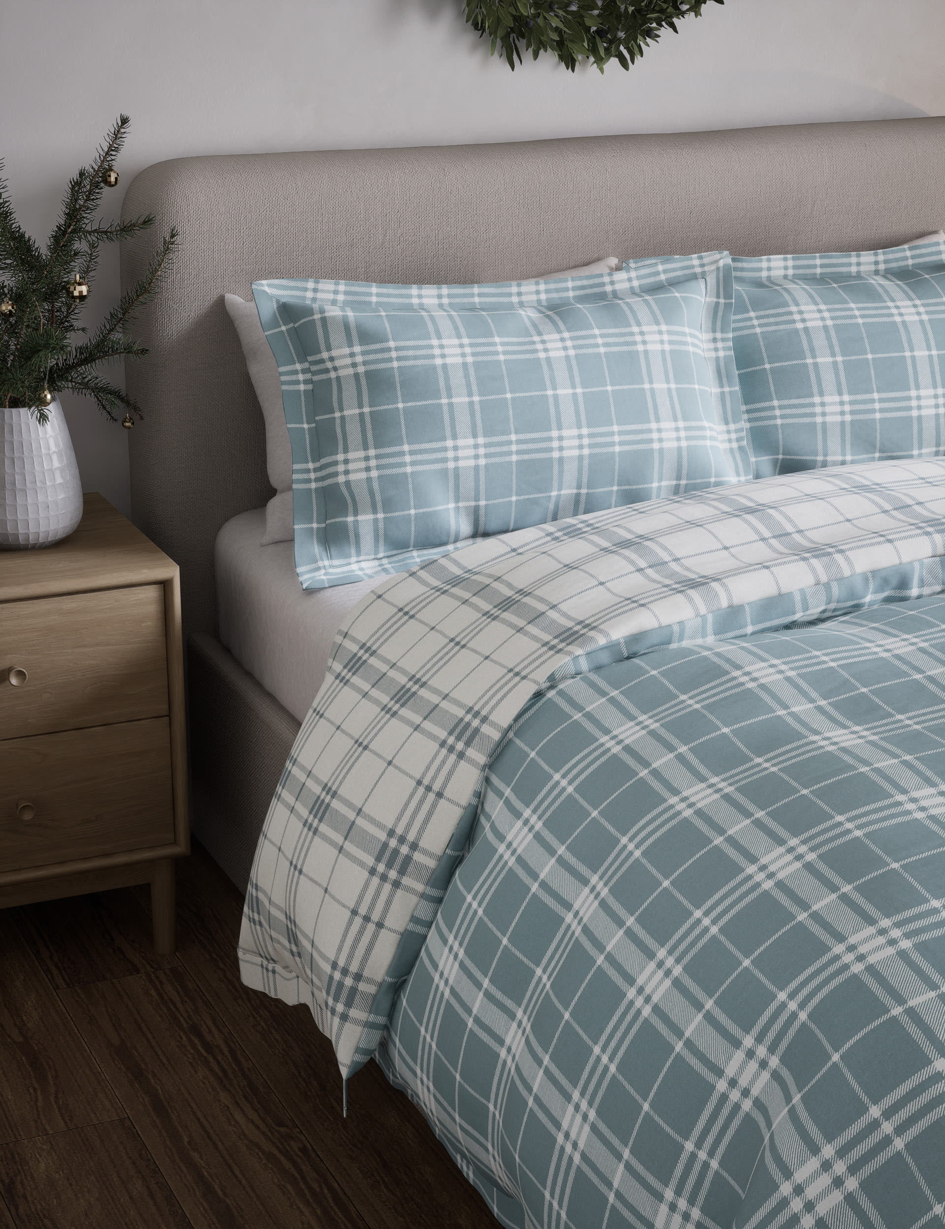 M&S Collection Pure Brushed Cotton Checked Bedding Set - DBL - Blue Mix, Blue Mix