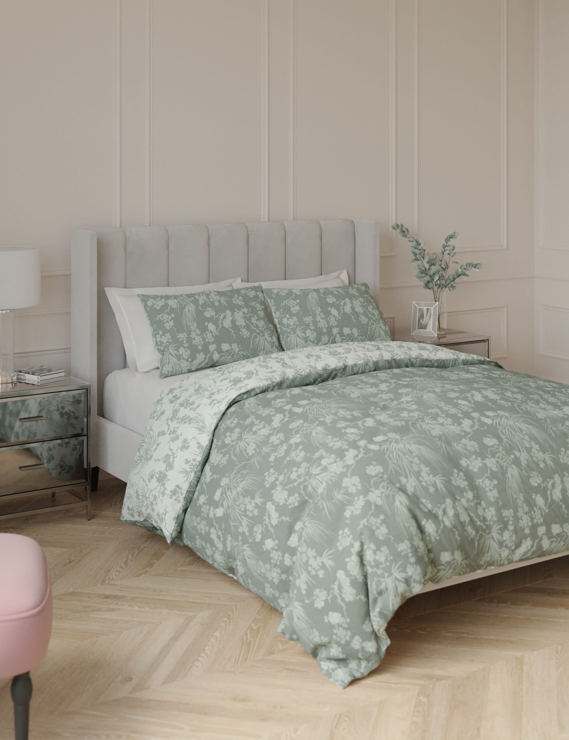 M&S Collection Pure Cotton Blossom Bedding Set - SGL - Soft Green, Soft Green