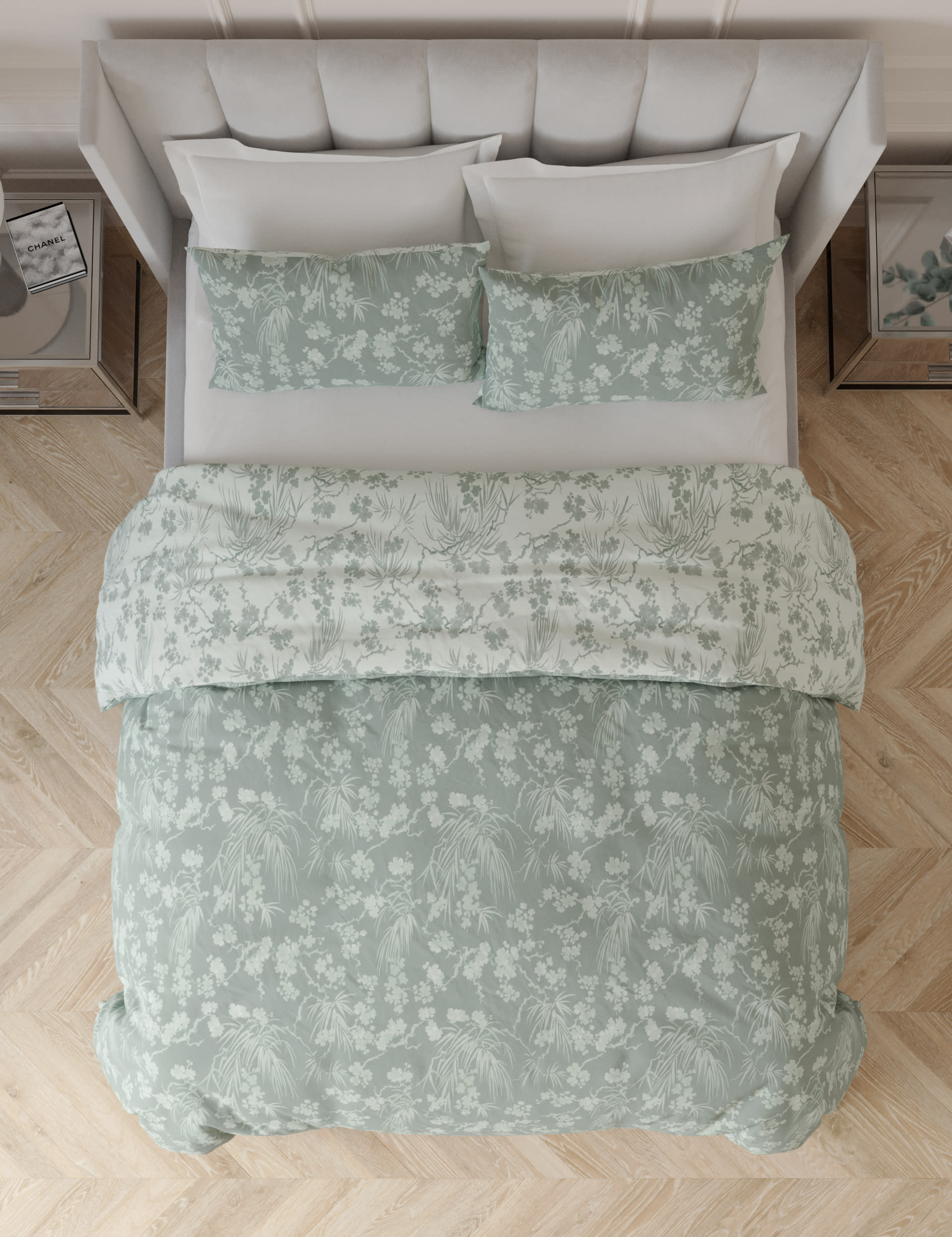 M&S Collection Pure Cotton Blossom Bedding Set - SGL - Soft Green, Soft Green