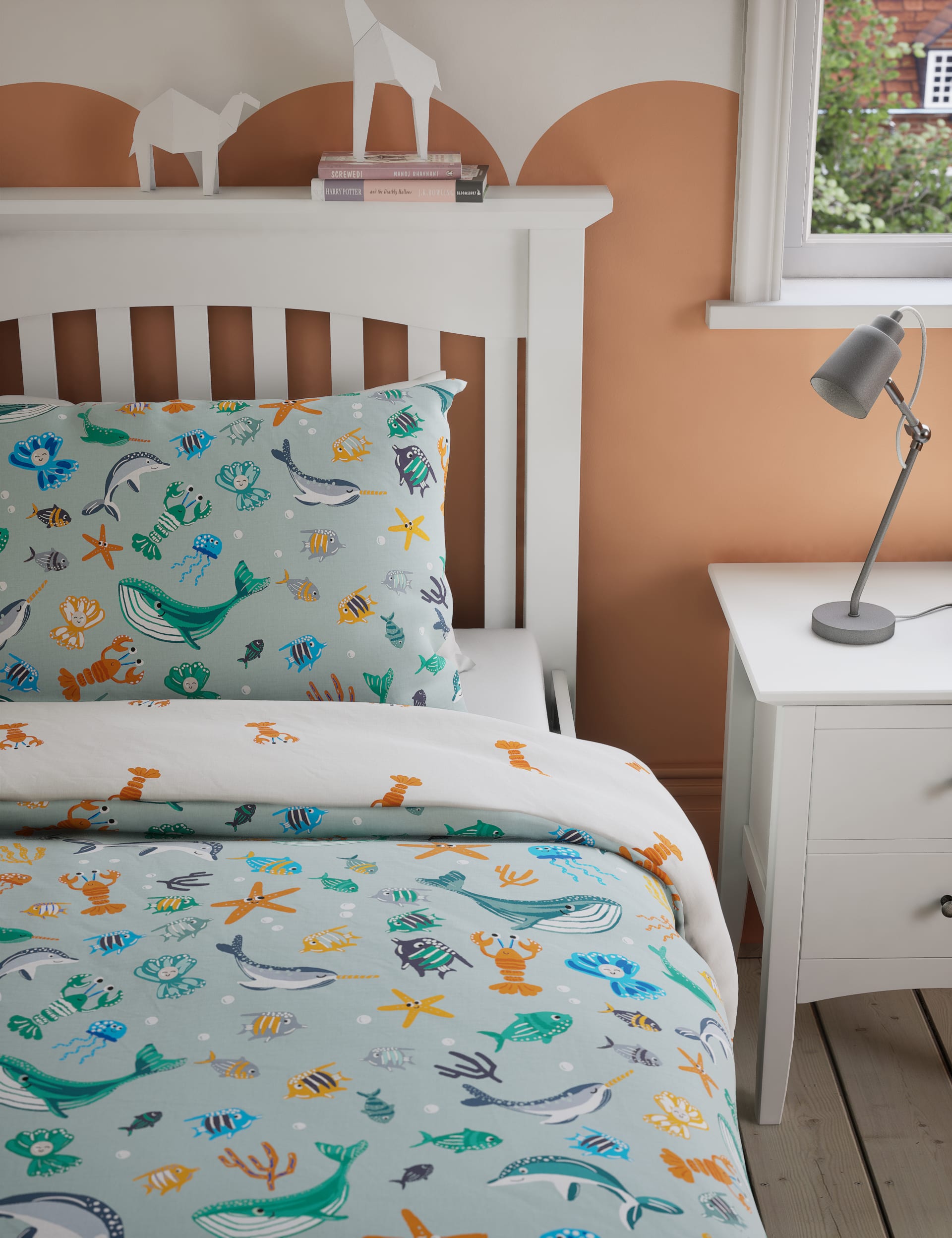 M&S Collection Sea Life Pure Cotton Bedding Set - SGL - Soft Green, Soft Green