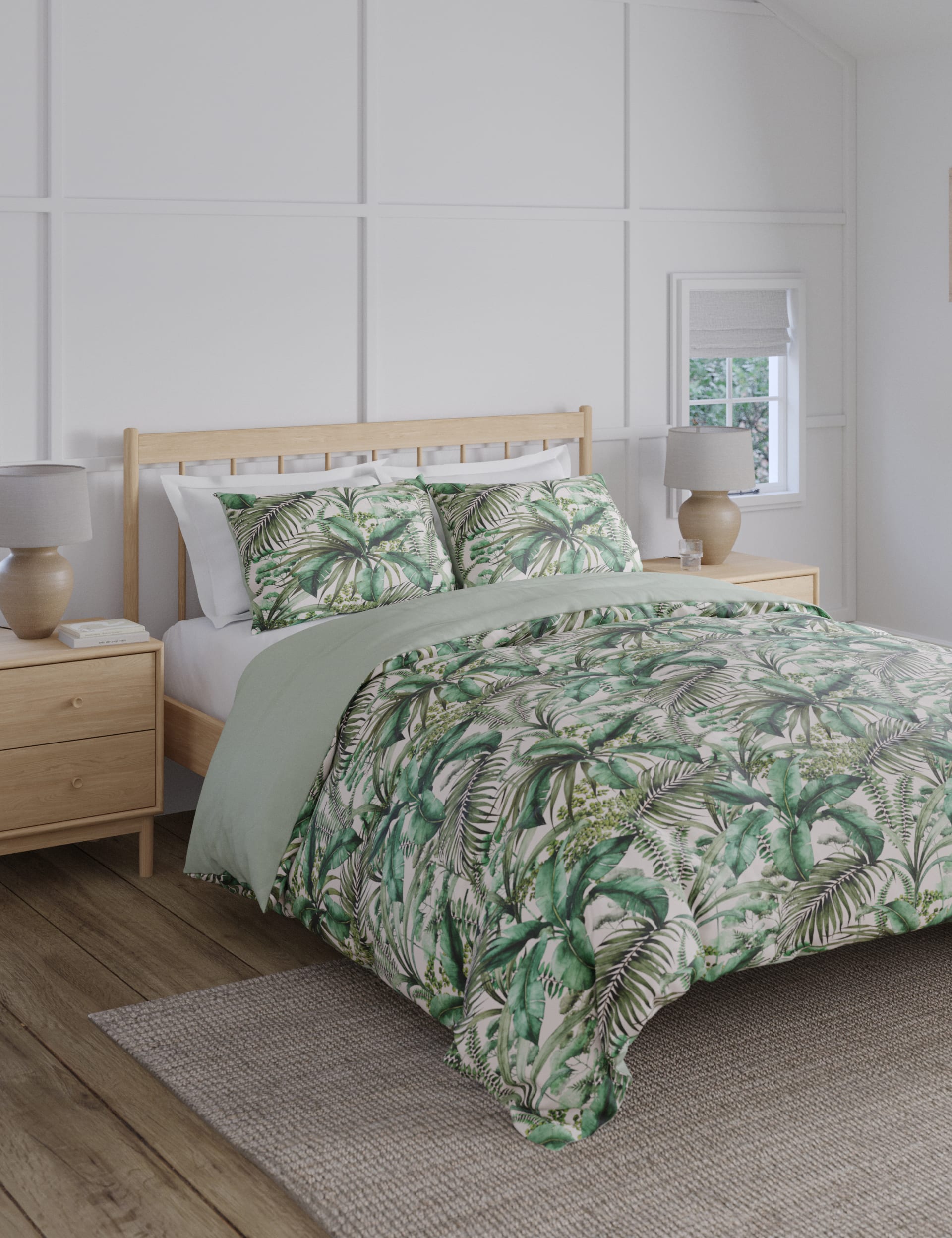 M&S Collection Pure Cotton Watercolour Palm Bedding Set - DBL - Green Mix, Green Mix