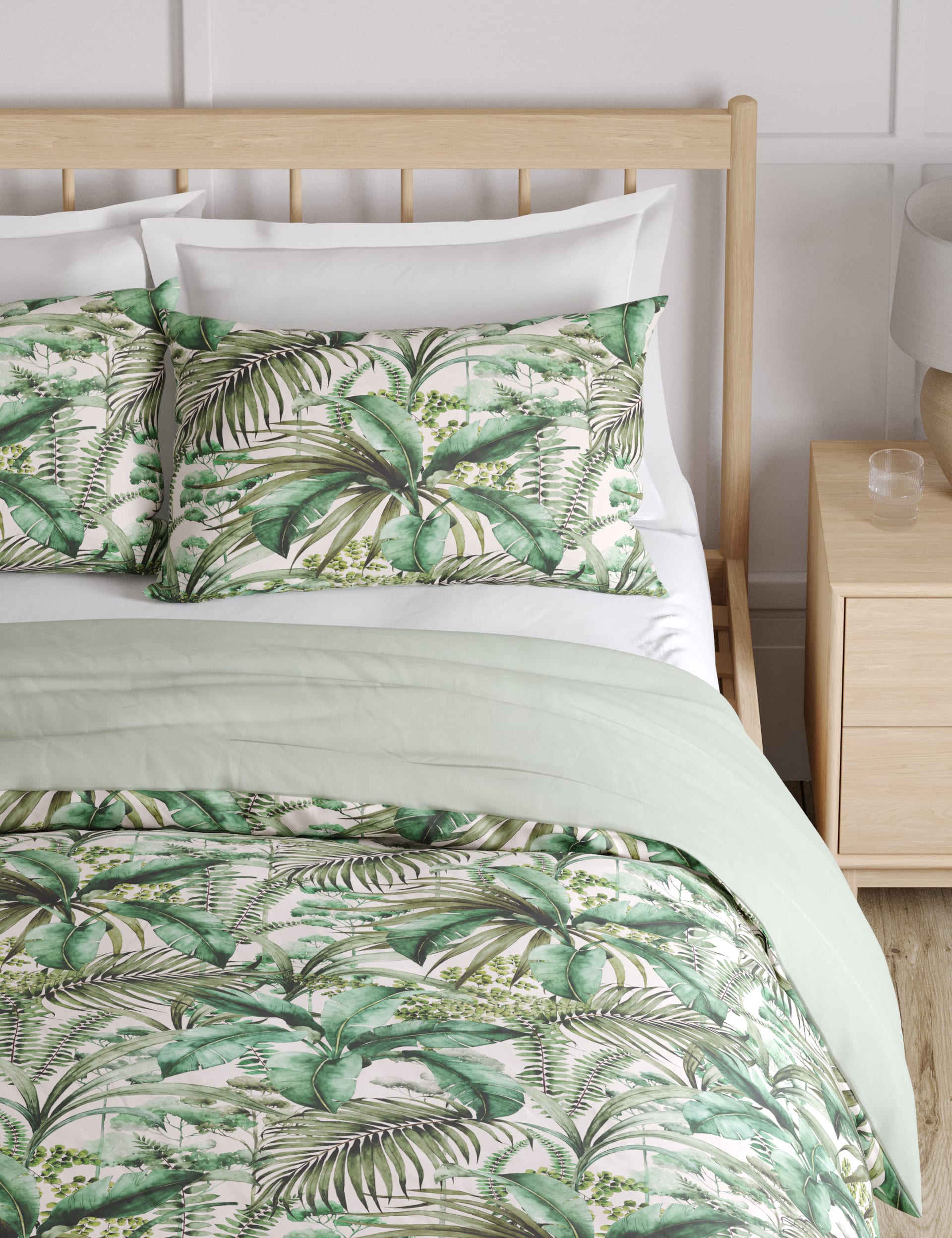 M&S Collection Pure Cotton Watercolour Palm Bedding Set - SGL - Green Mix, Green Mix