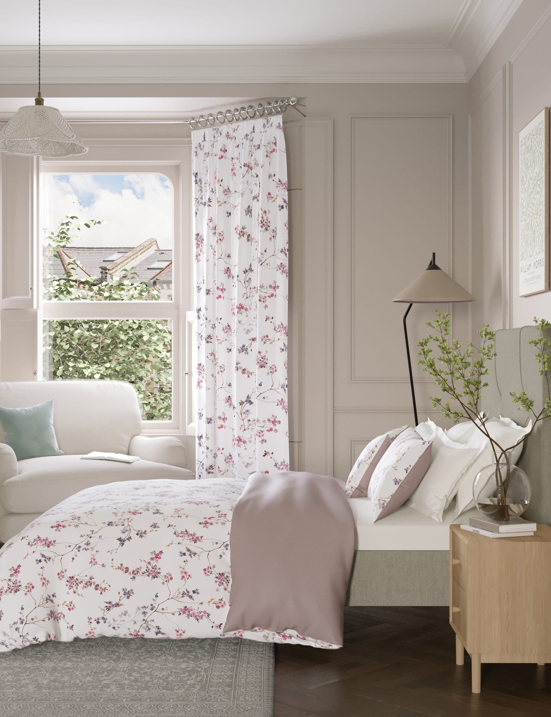 M&S Collection Pure Cotton Sateen Trailing Cherry Blossom Bedding Set - SGL - Pink Mix, Blue Mix,Pin