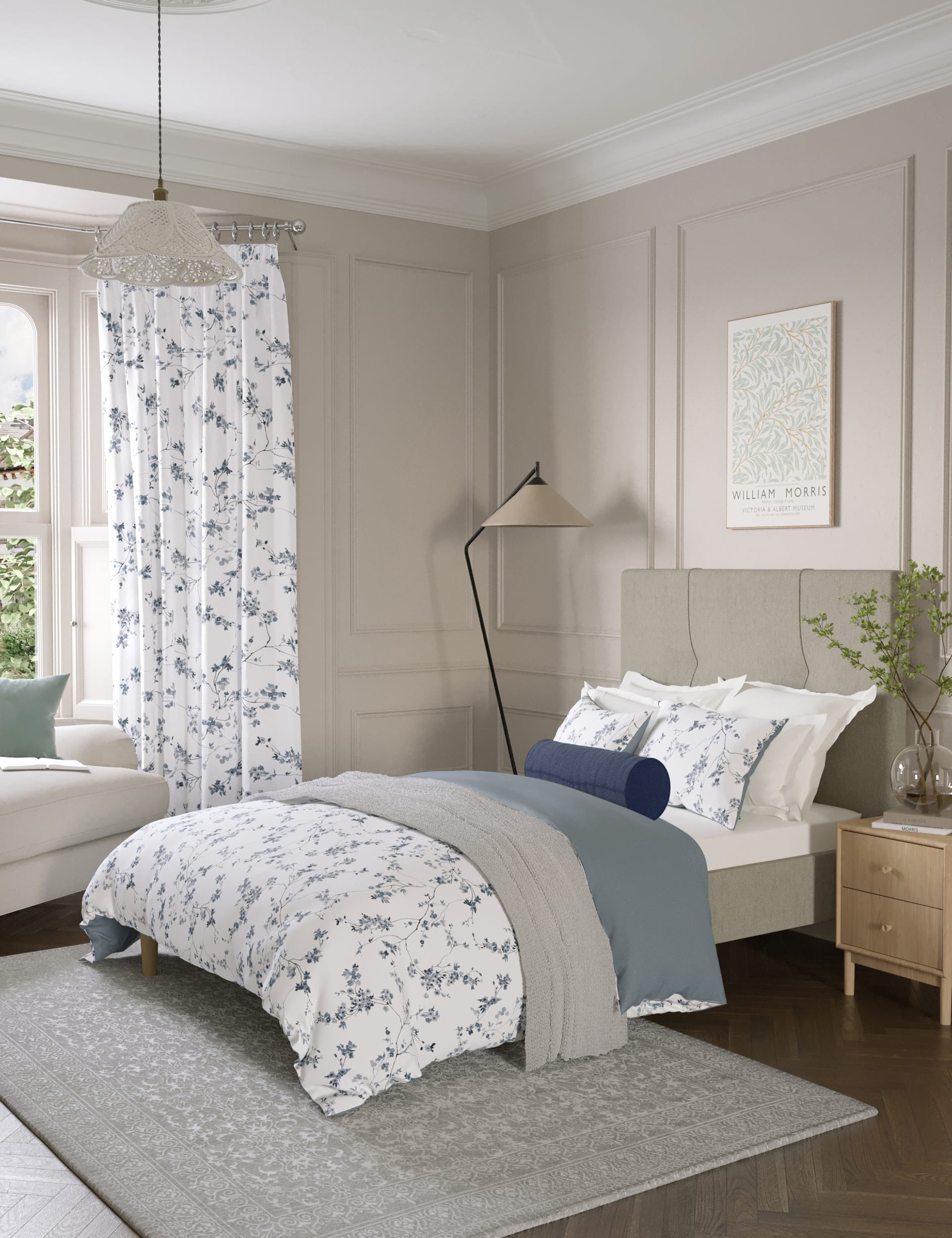 M&S Collection Pure Cotton Sateen Trailing Cherry Blossom Bedding Set - 5FT - Blue Mix, Pink Mix,Gre